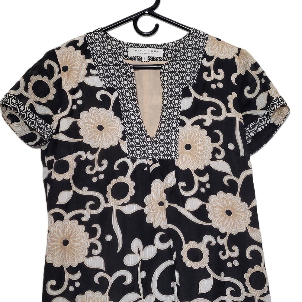 Trina Turk  Womens Black Floral Boho Travel Career Dress V-Neck Silk Blend SZ‎ 6 - Picture 2 of 8